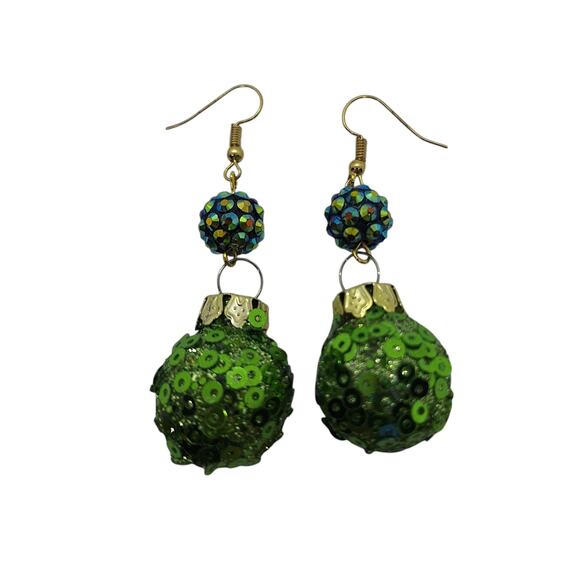 Christmas Ornament Earrings Green Sequin Covered Balls Shambala Beads Gold Tone - Picture 2 of 4